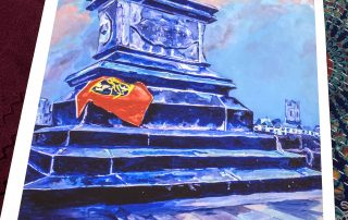Print of treaty of Limerick statue with Munster flag draped on steps
