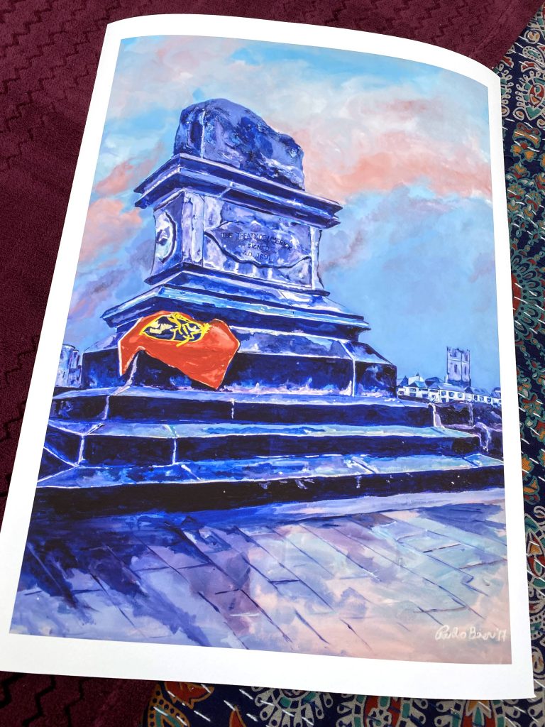 Print of treaty of Limerick statue with Munster flag draped on steps