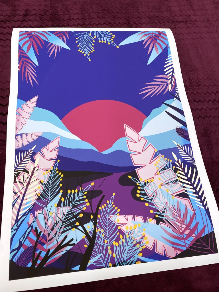 Print of a graphic design scene of palm leaves, the sun and mountains