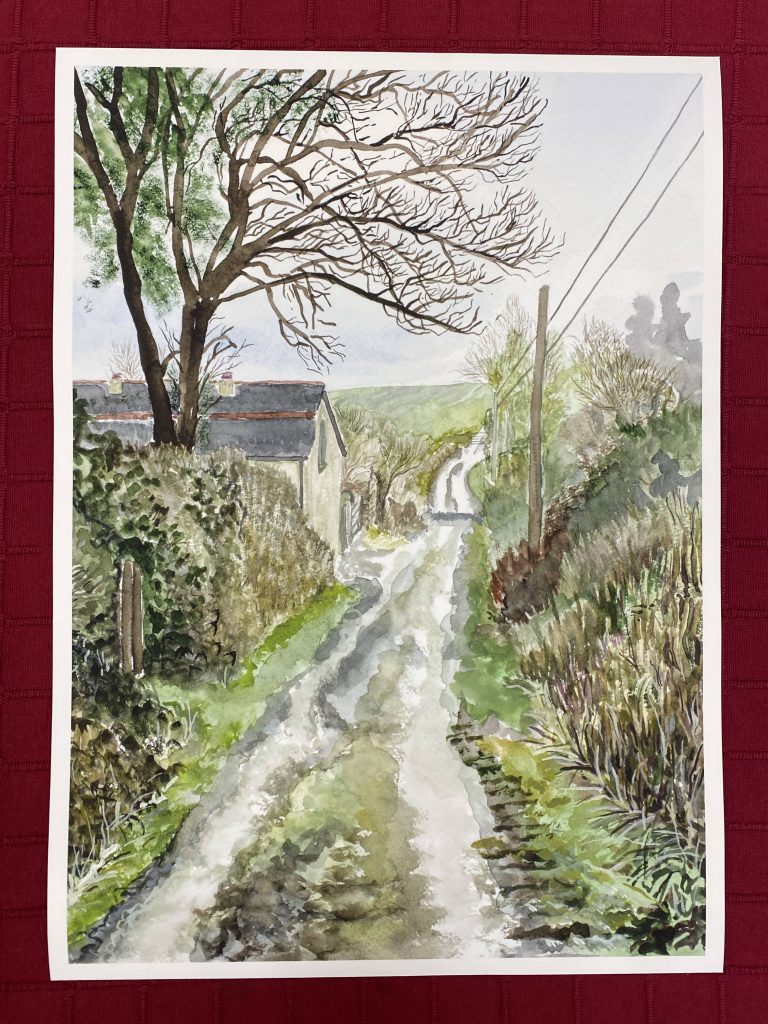 Print of a country road with trees, hedges and a farmhouse visible